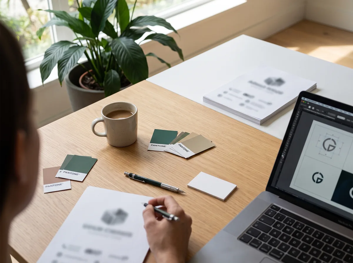 Biurko grafika z próbnymi wydrukami ulotek, wzornikiem kolorów i projektem logo na laptopie