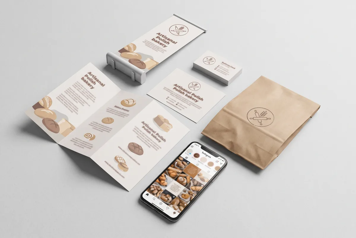 Roll-up i materiały reklamowe piekarni zaprojektowane w jednym stylu: baner, ulotka, wizytówki i torba