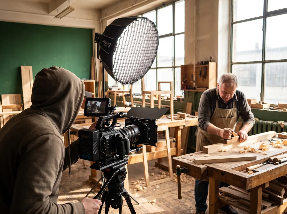 Plan zdjęciowy filmu reklamowego dla firmy: kamera kinowa na statywie, lampa i operator przy pracy w warsztacie