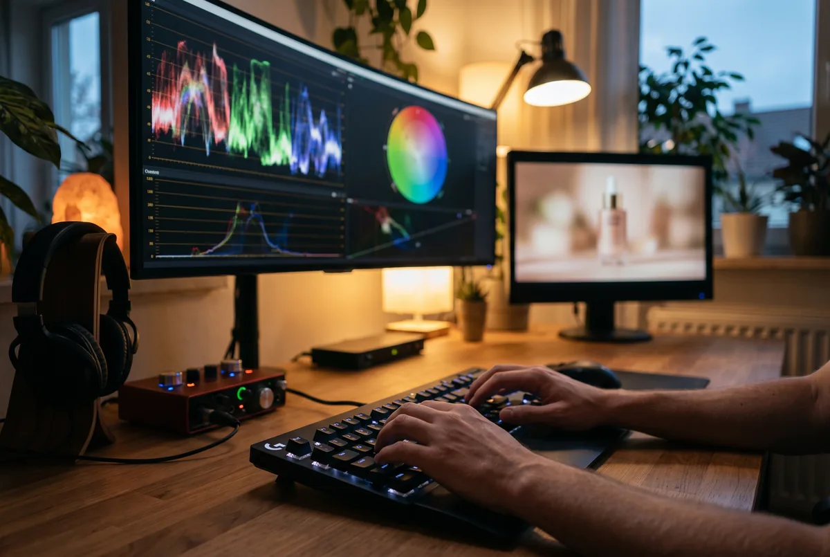 Stanowisko montażysty z osią czasu filmu, monitorem podglądu i słuchawkami